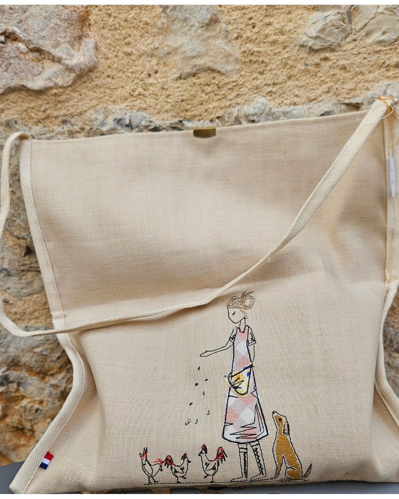 Sac tote – appliqué artisanal “Lady & Poulettes” Côté Couture Broderie