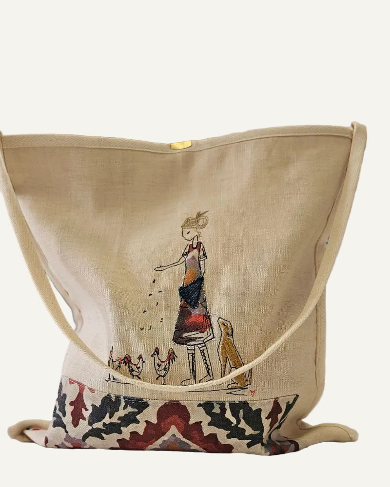 Tote Bag Appliqué Artisanal "Lady & Poulettes" | Tissu Recyclé | Fait Main Côté Couture Broderie