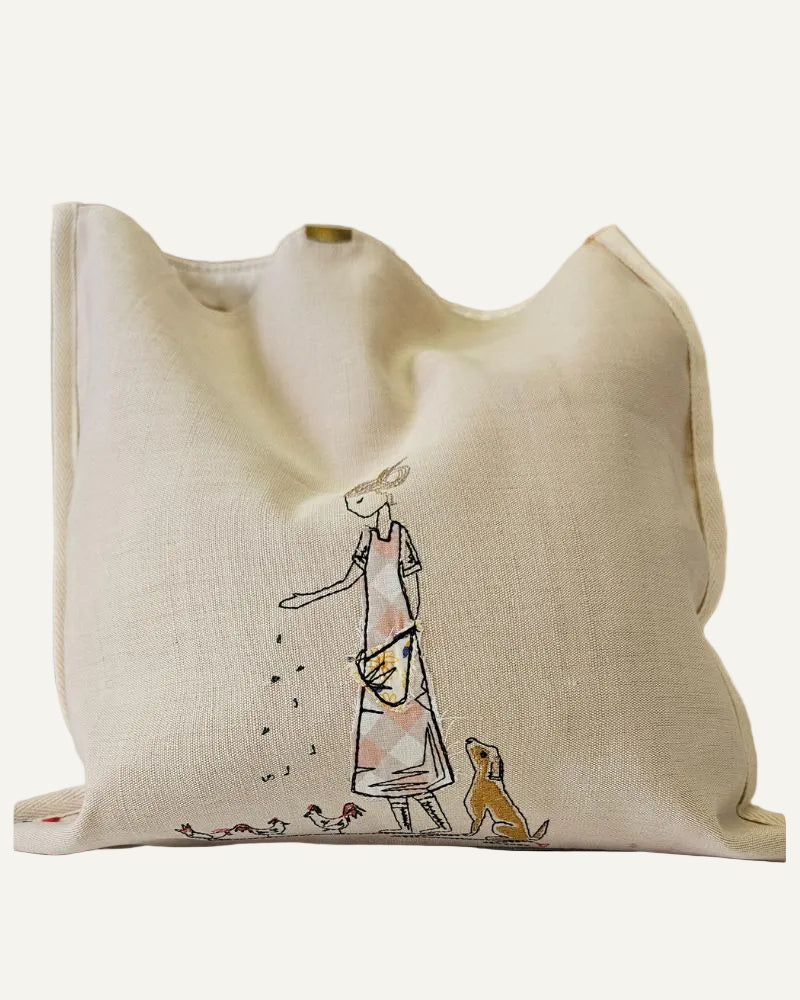 Tote Bag Artisanal Recyclé | Appliqué Lady & Poulettes | Fait Main Côté Couture Broderie