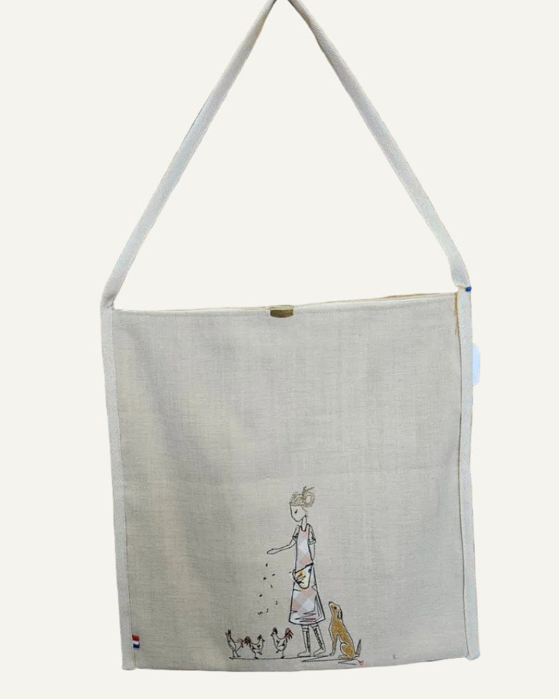 Tote Bag Artisanal Recyclé | Appliqué Lady & Poulettes | Fait Main Côté Couture Broderie